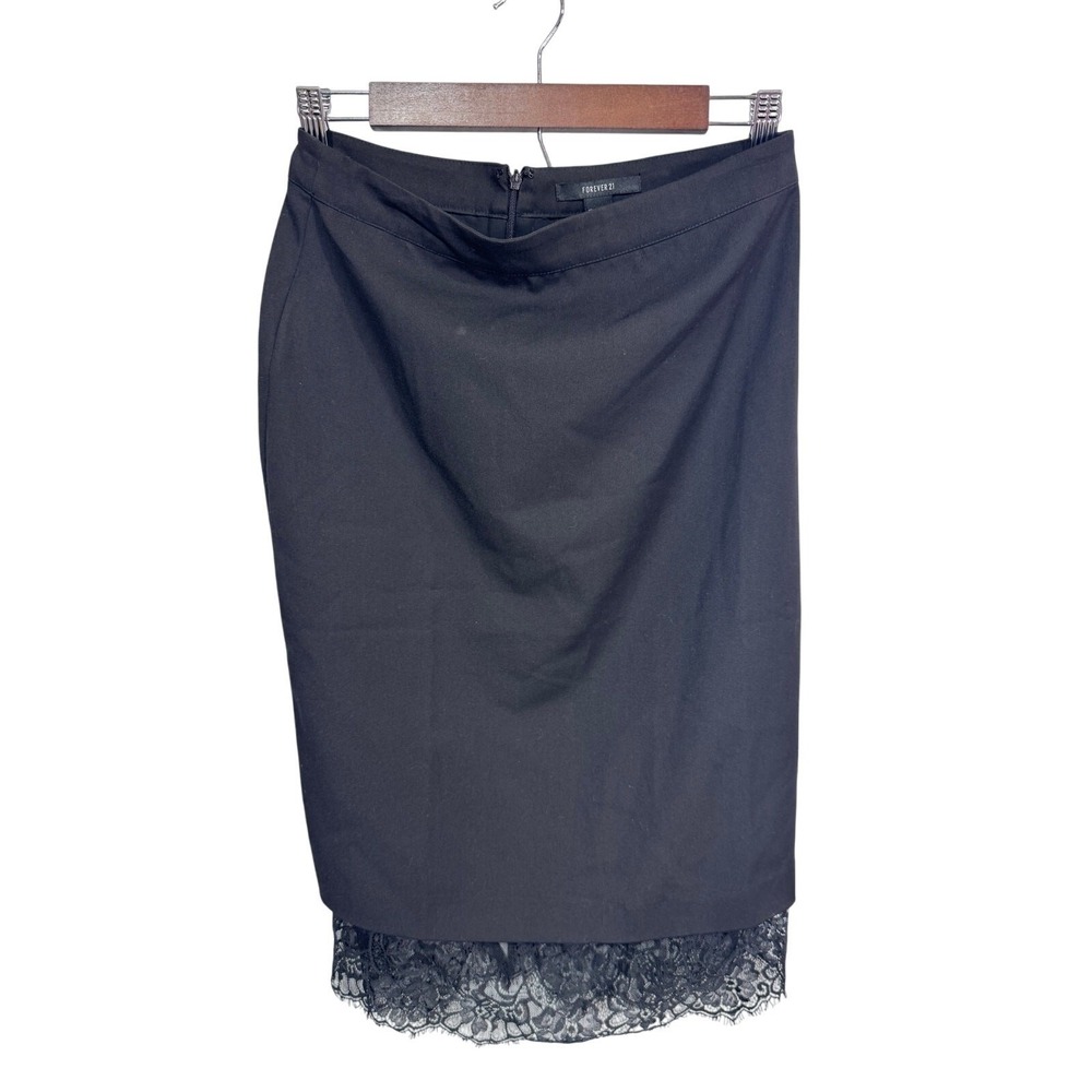 Forever 21 Black Pencil Skirt Lace Hem Workwear Office Minimalist Women's Medium